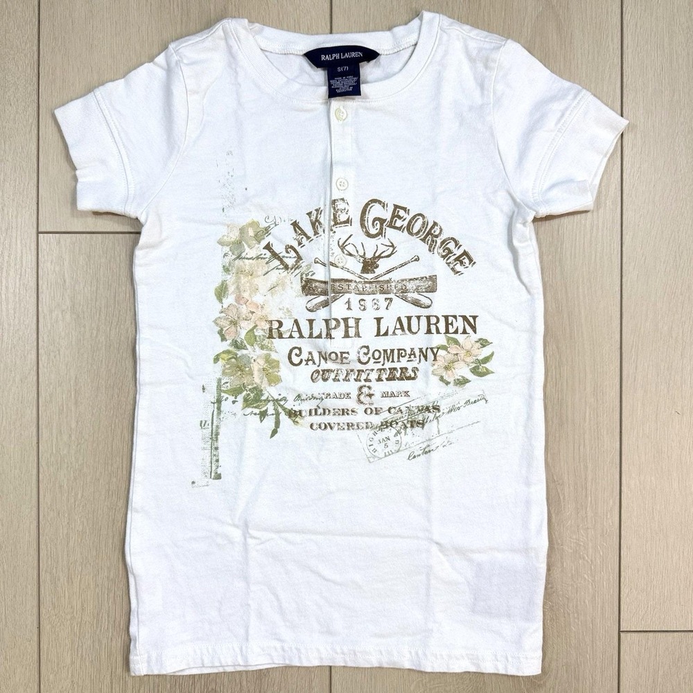 VTG Ralph Lauren Girls‎ Lake George Graphic Henley Tee Shirt S 7 Canoe Co Floral